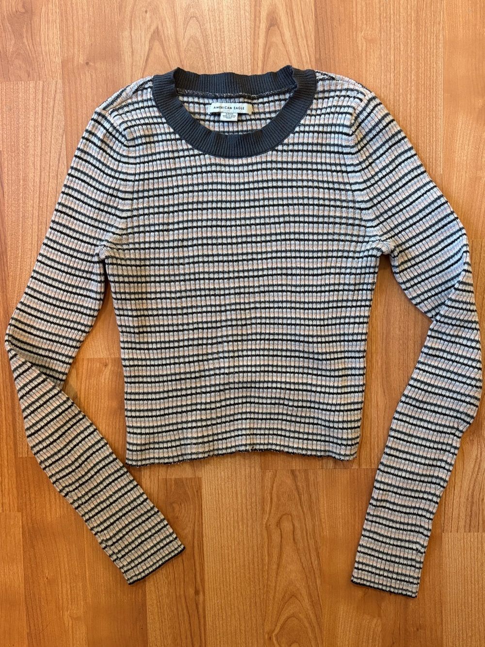 American Eagle Outfitters Navy and Tan Striped Long-Sleeve Ribbed Top